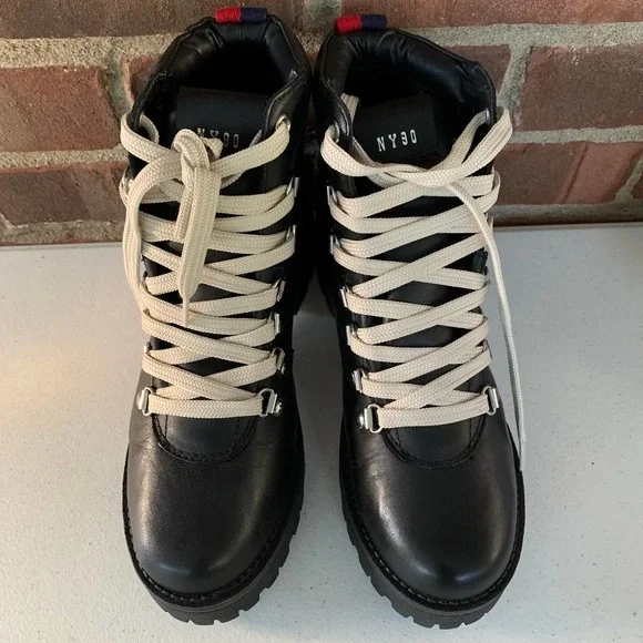 Steve Madden Bam Black Leather Lace Block Heel Combat Boots women's US size 6.5 - Picture 2 of 10